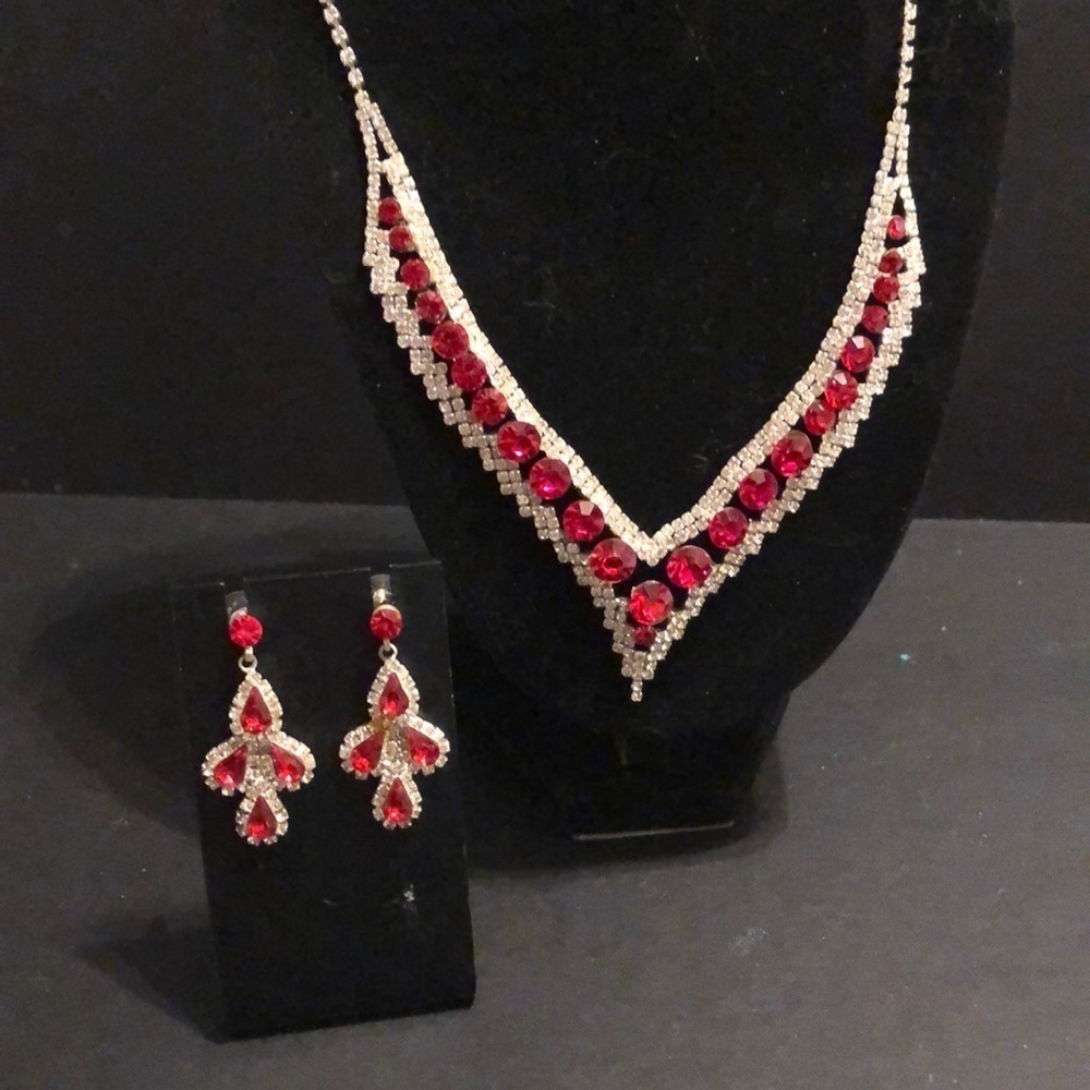 Christina collection ruby red& white rhine stone silver toned necklace &…